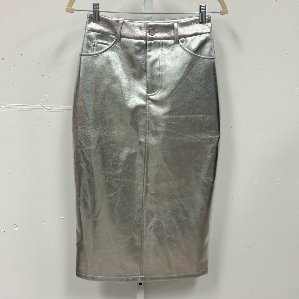 NWT 7 For All Mankind Women's‎ Midi Pencil Skirt Size XS Silver Metallic Pockets